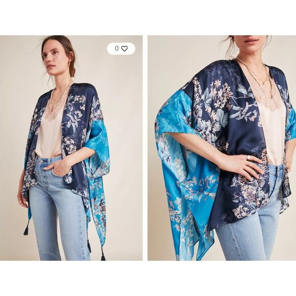 Kachel Anthropologie Jamie Kimono One Size Blue Floral Tassel Boho Resort Duster - Picture 1 of 14